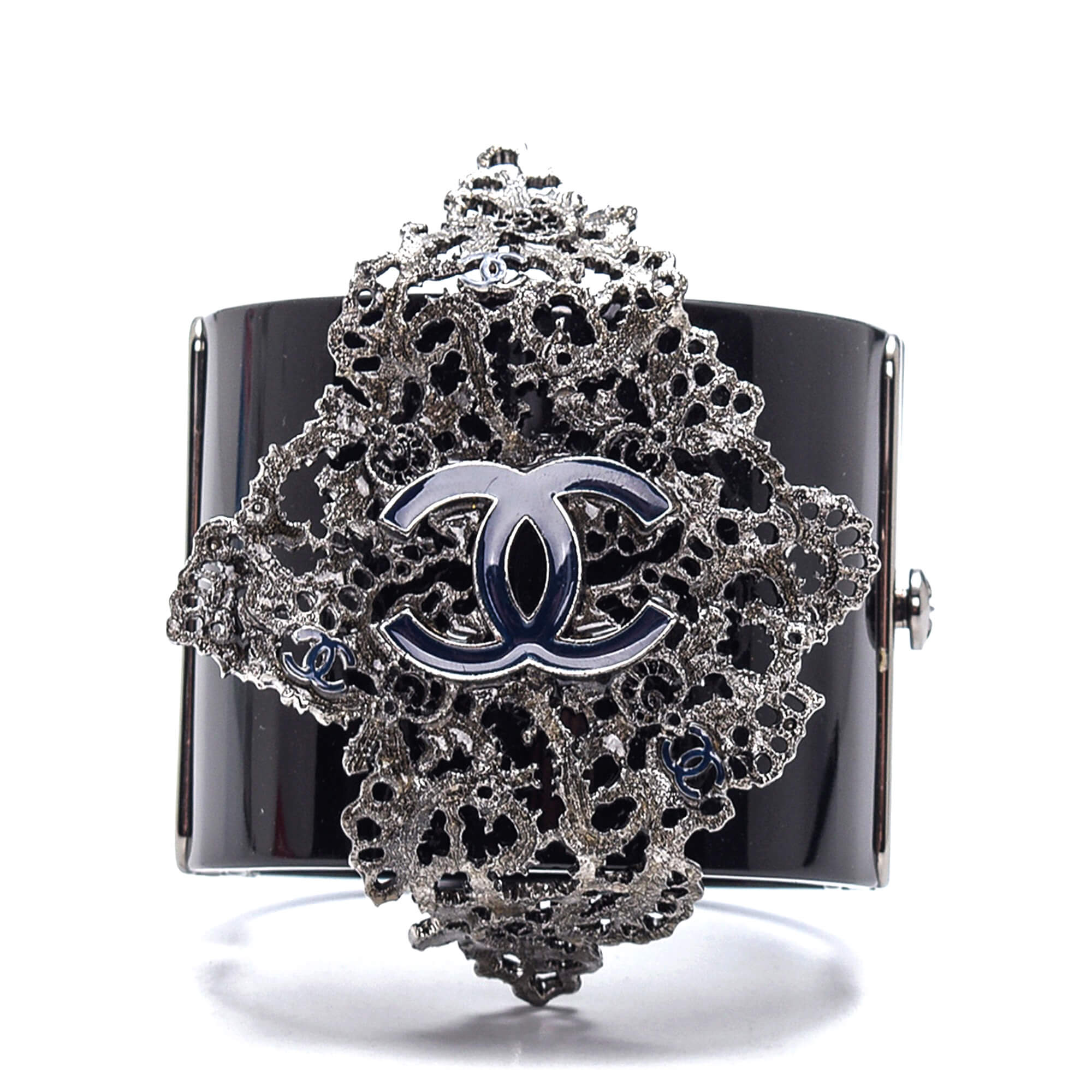 Chanel - Black Lucite Metal CC Logo Cuff Bracelet 